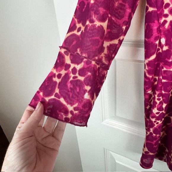 Logo Layers Pink Red Abstract Mesh Long Sleeve Sheer Mini Dress Women’s M - Picture 3 of 6